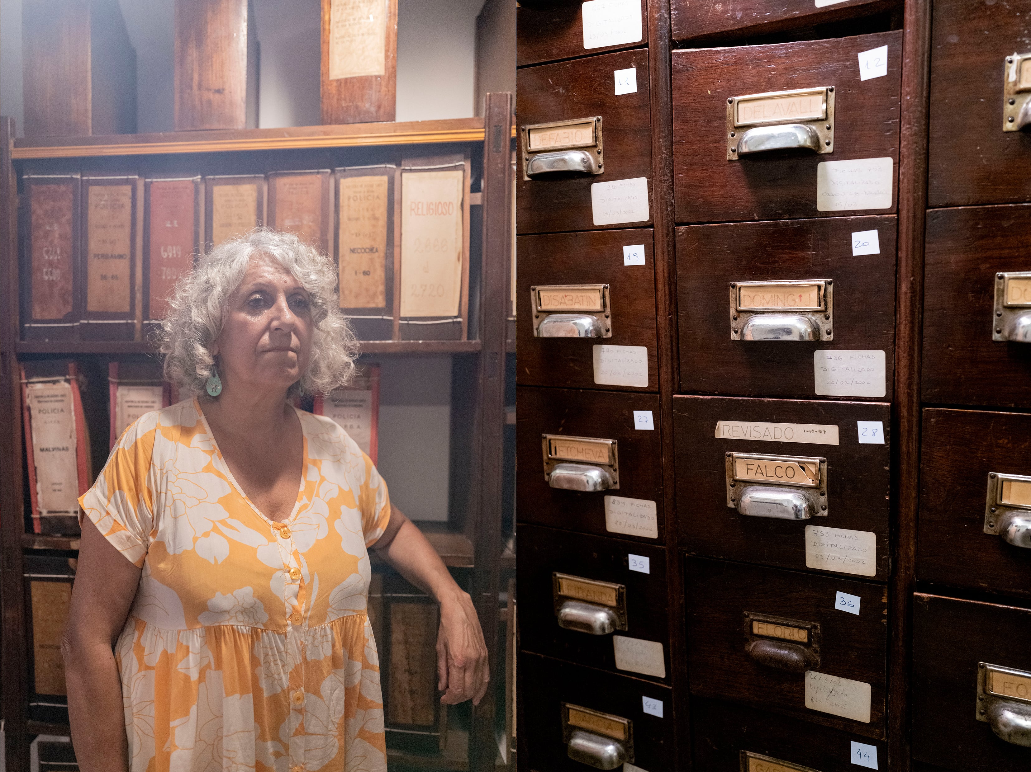 Maria Laura Delgadillo, hija de un agente de la Dirección de Inteligencia de la Policía de la Provincia de Buenos Aires. Archiveros de la época de la Dirección de Inteligencia de la Policía. .