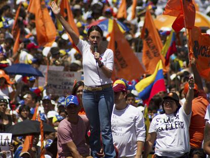 A opositora María Corina Machado durante a manifestação.
