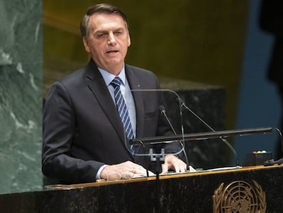 O presidente Jair Bolsonaro discursa na cerimônia de abertura da Assembleia Geral da ONU, em Nova York, nesta terça-feira.