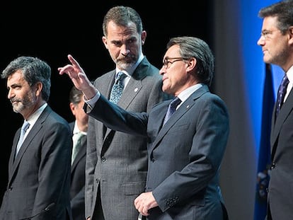 Carlos Lesmes, presidente del TS y del CGPJ, Felipe IV, Artur Mas, presidente de Cataluna y Rafael Catala, Ministro de Justicia.