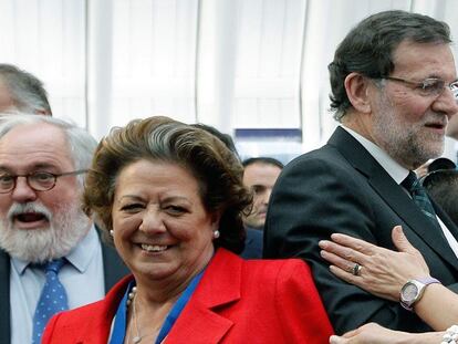 Cañete, Barberá y Rajoy en el mitin de las Europeas celebrado en Valencia el 21 de mayo de 2014.