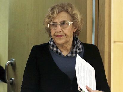 Manuela Carmena, durante su rueda de prensa hoy en Madrid.