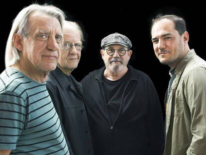 Luis Pastor, Aute, Silvio Rodríguez e Ismael Serrano durante el ensayo del concierto gratuito de Vallecas.