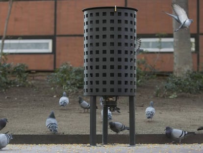 Dispensador de pienso con contraceptivos para controlar las palomas en Barcelona.