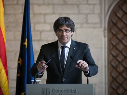 El presidente de la Generalitat, Carles Puigdemont, en un momento de la comparecencia.