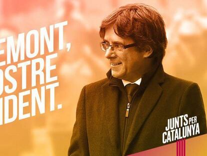 FOTO: El cartel electoral de Junts per Catalunya. / VÍDEO: Mensaje de Carles Puigdemont en Twitter sobre las elecciones del 21-D.