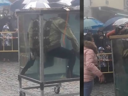 El mago Pedro Volta durante su truco de escapismo fallido en Navacerrada.