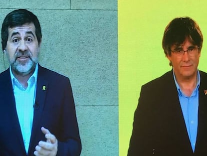 El cabeza de lista de Junts per Catalunya, Jordi Sànchez, y el expresidente de la Generalitat, Carles Puigdemont. Europa Press. Vídeo: Atlas