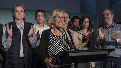 Manuela Carmena, en la rueda de prensa de la noche electoral.