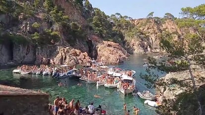 Una fiesta convocada como 'Paella Party' en Cala Masoni, en Cap Roig (Girona).