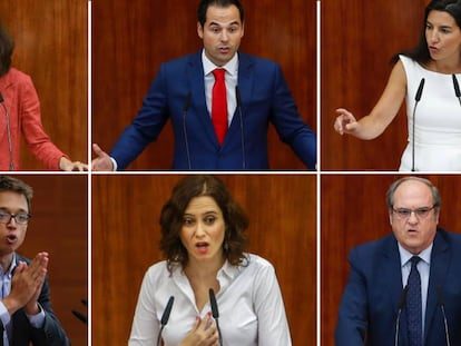 Portavoces de los grupos políticos de la Asamblea de Madrid. En vídeo, los momentos más destacados del debate de investidura de Isabel Díaz Ayuso.