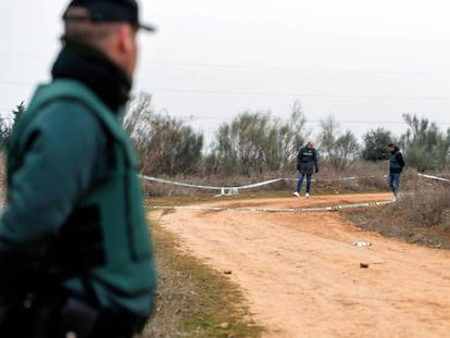 Un guardia civil observa el lugar en el que fue encontrado el cuerpo de la mujer, en Meco.