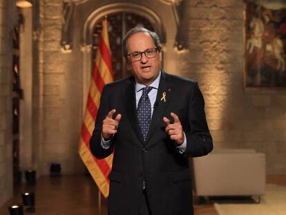 El presidente catalán Quim Torra durante el mensaje institucional. En vídeo, declaraciones de Torra.