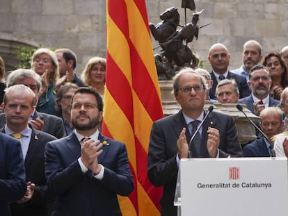 El presidente Quim Torra en el acto de este martes en la Generalitat. En vídeo, manifestación en Barcelona.