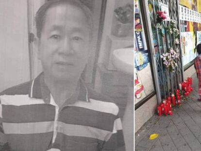 Chenzhong Cai, en una foto en las paredes de su local, y el altar improvisado ante su tienda, en una imagen facilitada por uno de los vecinos que participaron. En vídeo, crónica del suceso.