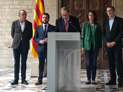 El presidente de la Generalitat, Quim Torra, durante su comparecencia ante los medios de comunicación de este sábado. En vídeo, la comparecencia de Quim Torra y Pere Aragonès.