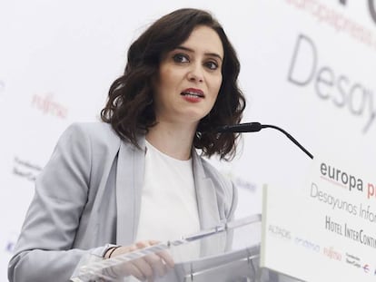 Isabel Díaz Ayuso, durante su discurso de este jueves. En vídeo, la presidenta de la Comunidad de Madrid asegura que hará todo lo posible para que el Mobile Congress se traslade a Madrid.