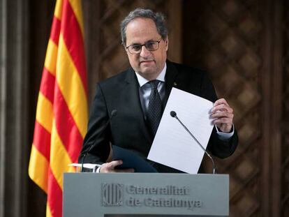 El 'president' catalán, Quim Torra, este miércoles. En vídeo, Torra anuncia que convocará elecciones en Cataluña tras la aprobación de los presupuestos.