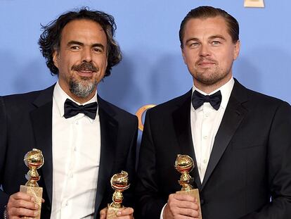 Alejandro Gonzalez Inarritu y Leonardo DiCaprio, con sus premios.