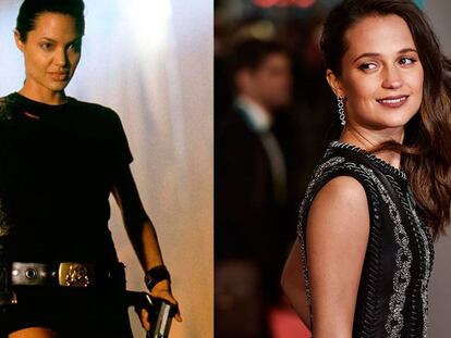 Angelina Jolie, como Lara Croft, y Alicia Vikander.