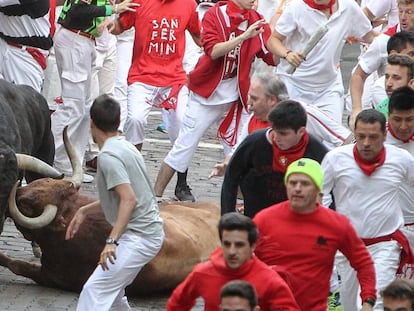 One of the bulls slips and falls at Day 5 of the Running of the Bulls