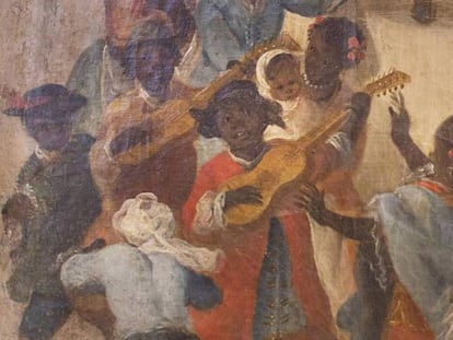 Negros bailando en Sevilla en un fragmento del cuadro 'Carro del aire', pintado por Domingo Martínez hacia 1748.