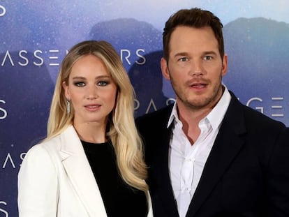 Jennifer Lawrence y Chris Pratt durante la presentación de 'Passengers', en noviembre en Madrid.