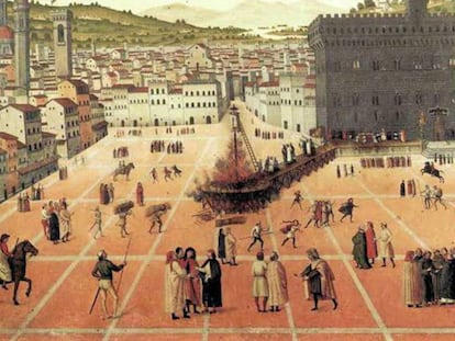 Ejecución de Girolamo Savonarola en la Plaza de la Señoría en Florencia en 1498, obra del pintor y miniaturista Francesco Rosselli.