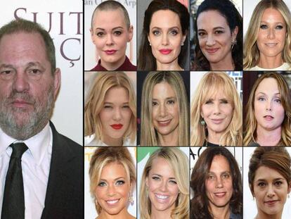 El productor Harvey Weinstein y 15 de las mujeres que le han acusado de abuso sexual.