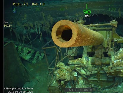 Uno de los cañones del 'USS Lexington' encontrados. En vídeo, hallazgo en el mar del Coral.