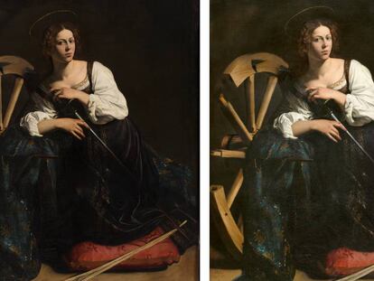 'Santa Catalina de Alejandría' (1598-1599), de Caravaggio, antes y después de la restauración.