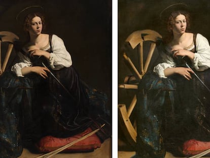 'Santa Catalina de Alejandría' (1598-1599), de Caravaggio, antes y después de la restauración.