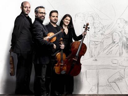 Aitor Hevia (violín), Cibrán Sierra (violín), Josep Puchades (viola) y Helena Poggio (violonchelo) presentarán 'Heritage' el próximo 2 de mayo. En vídeo, el Cuarteto Quiroga interpreta una pieza inédita de Boccherini.