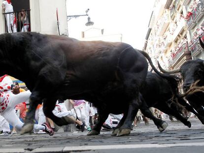 Toros de la ganadería de La Palmosilla en la curva de la calle Mercaderes.