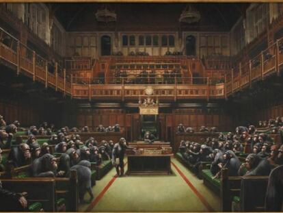 La obra 'Devolved Parliament', de Banksy, subastada este jueves en Londres.
