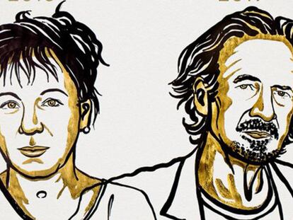 Olga Tokarczuk y Peter Handke, en una ilustración de Niklas Elmehed. En el vídeo, el momento de anuncio de la concesión de los dos Nobel (REUTERS).