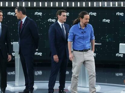 Casado, Sánchez, Rivera e Iglesias, en el estudio donde se celebró el debate de RTVE, en abril de 2019. En vídeo, así será el debate electoral.