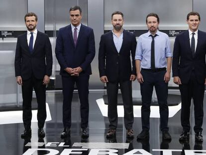 Pablo Casado, Pedro Sánchez, Santiago Abascal, Pablo Iglesias y Albert Rivera, antes del debate electoral. En vídeo, los mejores momentos.