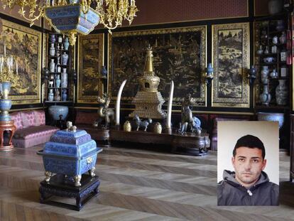 Sala del castillo de Fontainebleau con piezas de arte asiático. En la imagen pequeña, fotografía policial de Juan María Gordillo, 'El Niño Juan'. En vídeo, declaraciones del jefe de la brigada de patrimonio histórico de la Policía Nacional, Fernando Porcel.