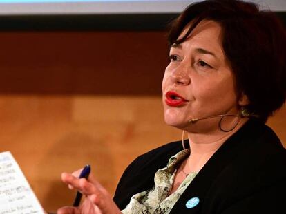 La nueva directora de Arco 2020, Maribel López, durante la presentación de la feria. En vídeo, declaraciones de Eduardo López-Puertas, presidente de Ifema.