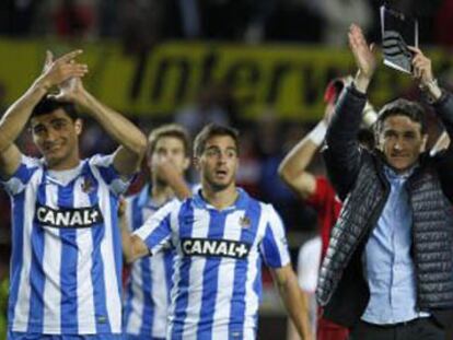 Montanier celebra el triunfo ante el Sevilla.