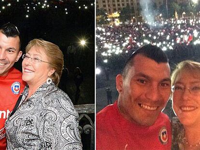 A la izquierda, Pinilla y Medel de hacen un 'selfie' con la presidenta. A la derecha la foto que ha subido Medel a Twitter.