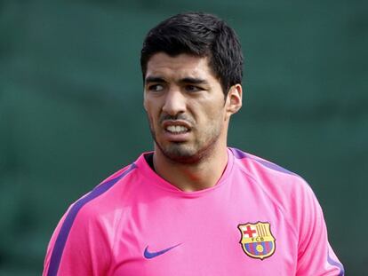 Suárez, durante el entrenamiento de esta mañana.