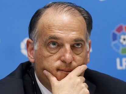 Tebas, en una rueda de prensa en Barcelona en marzo.
