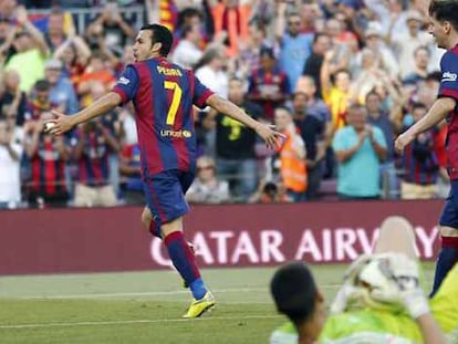 Pedro celebra el seu gol, el segon del Barça. / Manu Fernandez (AP)