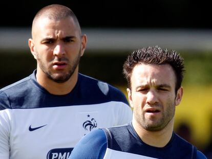 Benzemá y Valbuena durante los entrenamientos