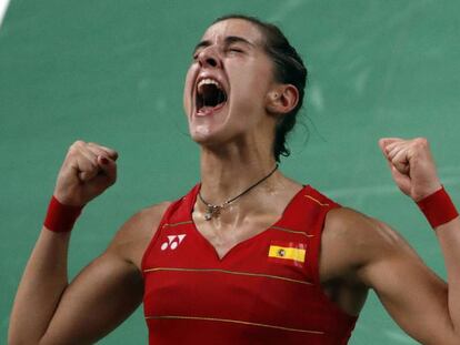 Carolina Marín, tras ganar el oro.