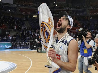 Sergio Llull celebra la victoria del Madrid. En vídeo, declaraciones de Rudy Fernández.