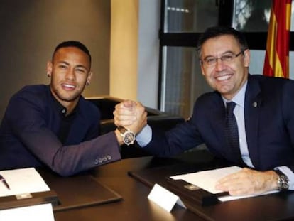 Neymar y Bartomeu, el día de la renovación del jugador hasta 2021.