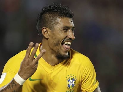 Paulinho festeja su 'hat-trick' ante Uruguay, en marzo de este año.